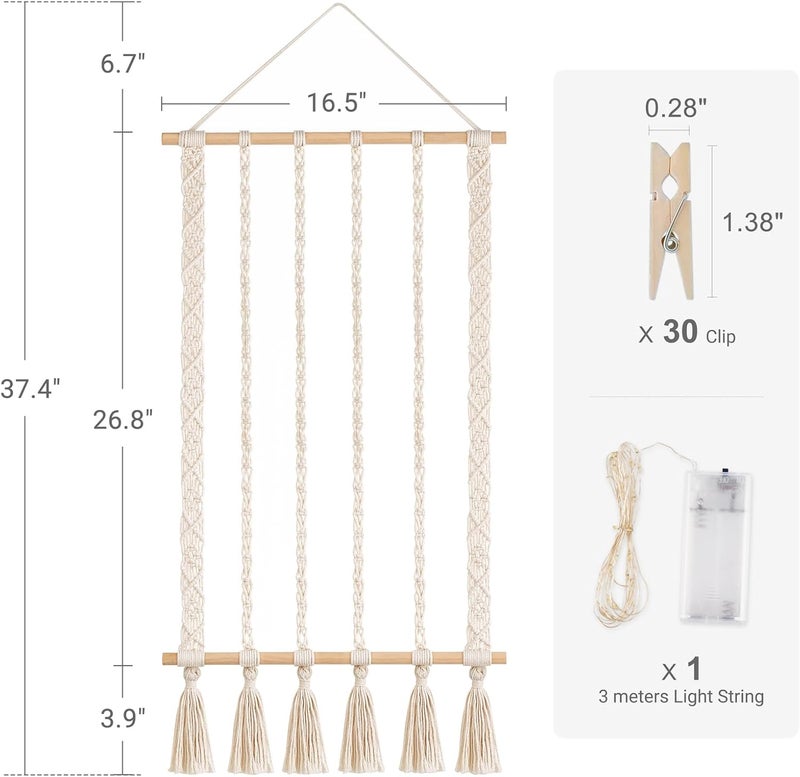 Dahey Macrame Hanging Photo Display Dorm Wall Decor Boho Picture Frames Collage for Picture String with Clips Photo Hanger with Lights Artwork for Teen Girl College Living Room Bedroom Christmas Gift - Image 3